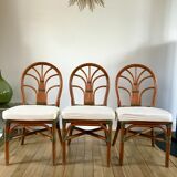 Set of 3 rattan / bamboo chairs with cushions years 1960-1970