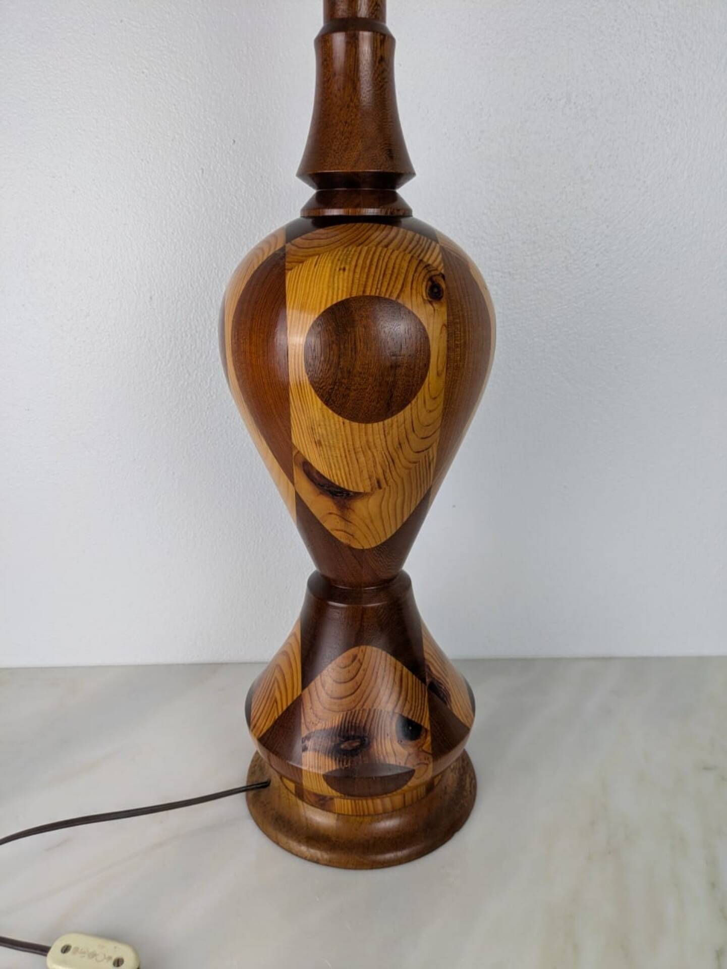 Vintage Marquetry Wooden Table Lamp (1970s) - 57 cm