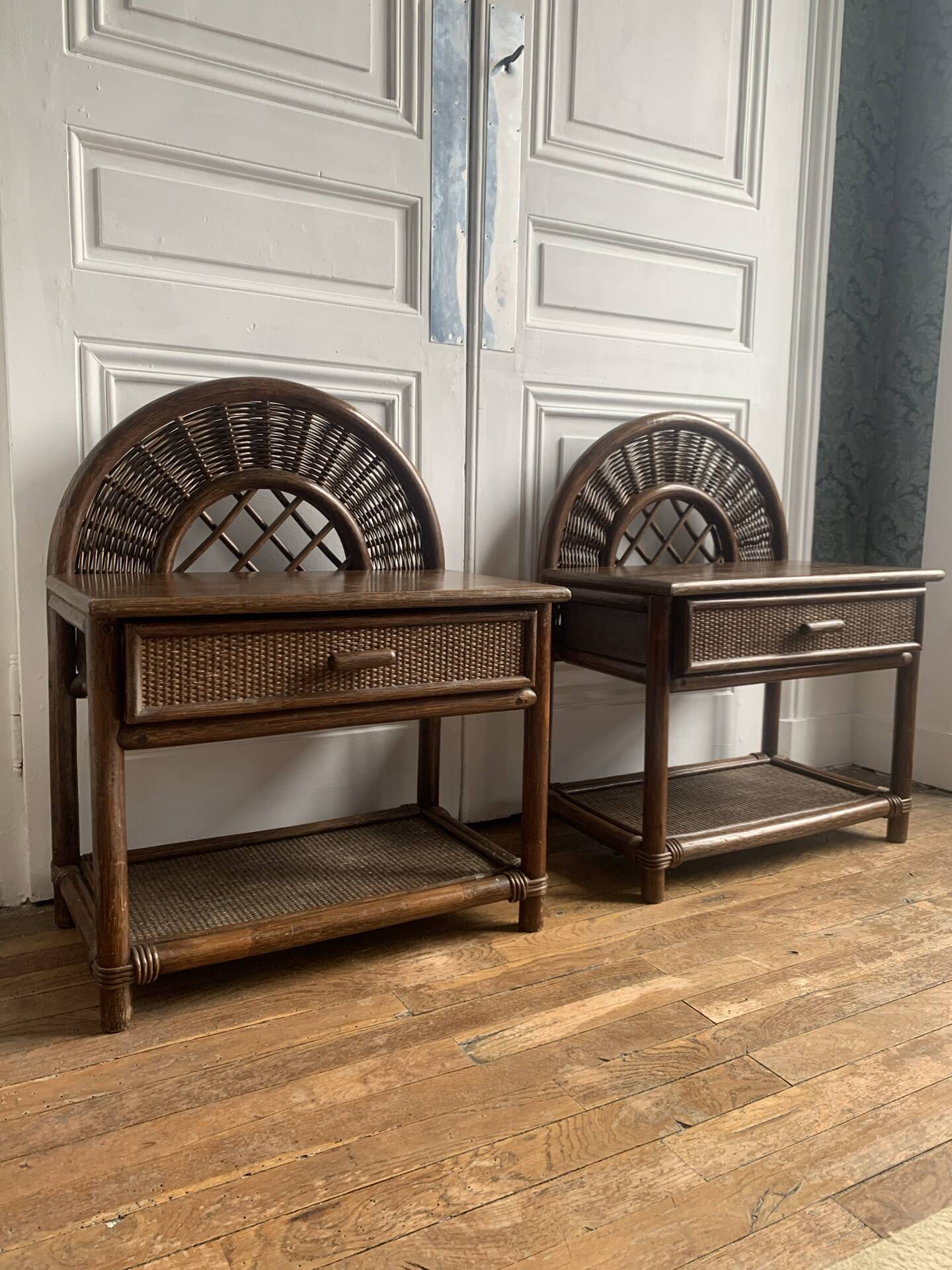 Pair of rattan bedside tables