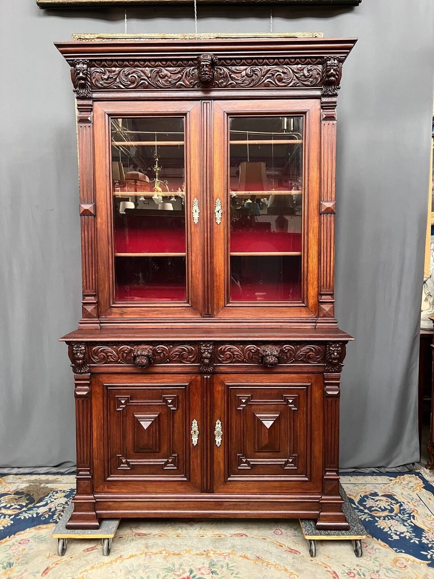 Library and buffet in antique Renaissance style. Beautiful sculptures. Solid oak. France. 19th century.