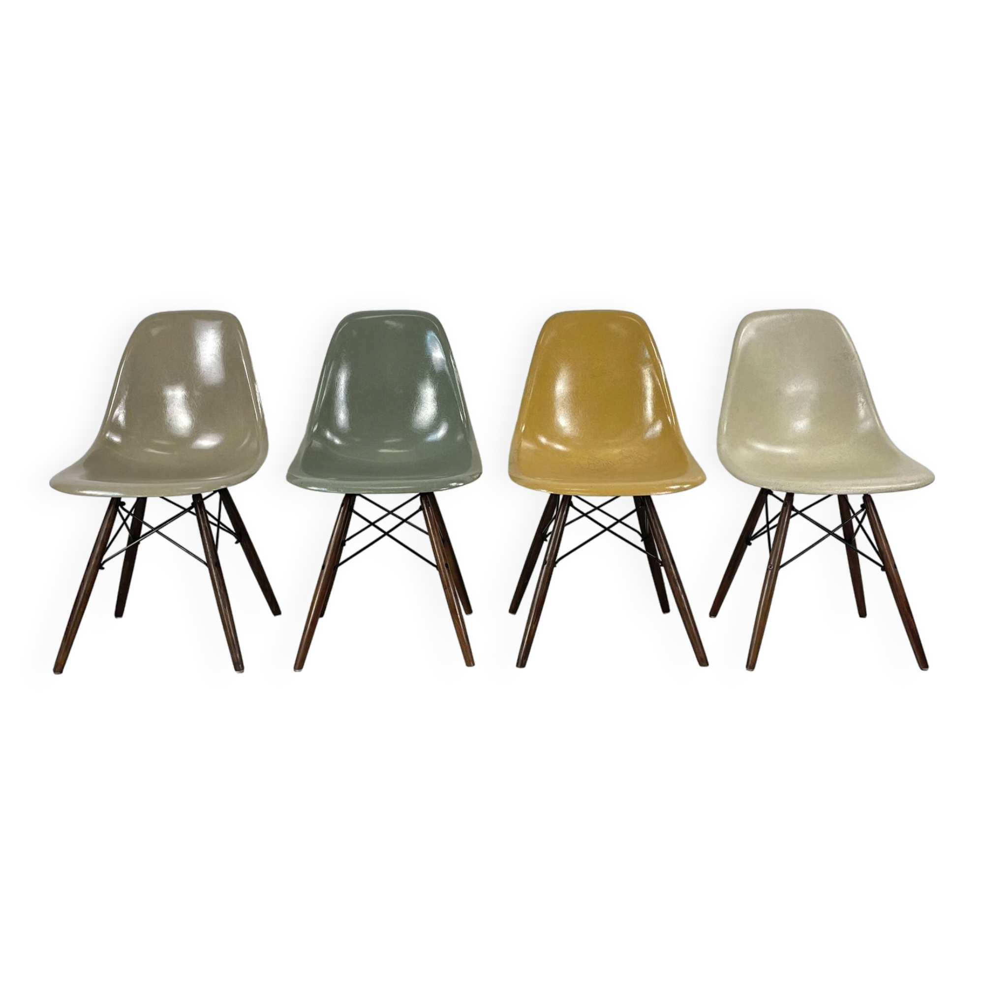 Eames Herman Miller DSW side chairs in greige, seafoam green, light ochre and parchment with slight