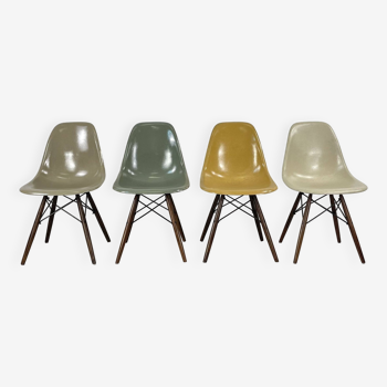 Eames Herman Miller DSW side chairs in greige, seafoam green, light ochre and parchment with slight