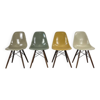 Eames Herman Miller DSW side chairs in greige, seafoam green, light ochre and parchment with slight