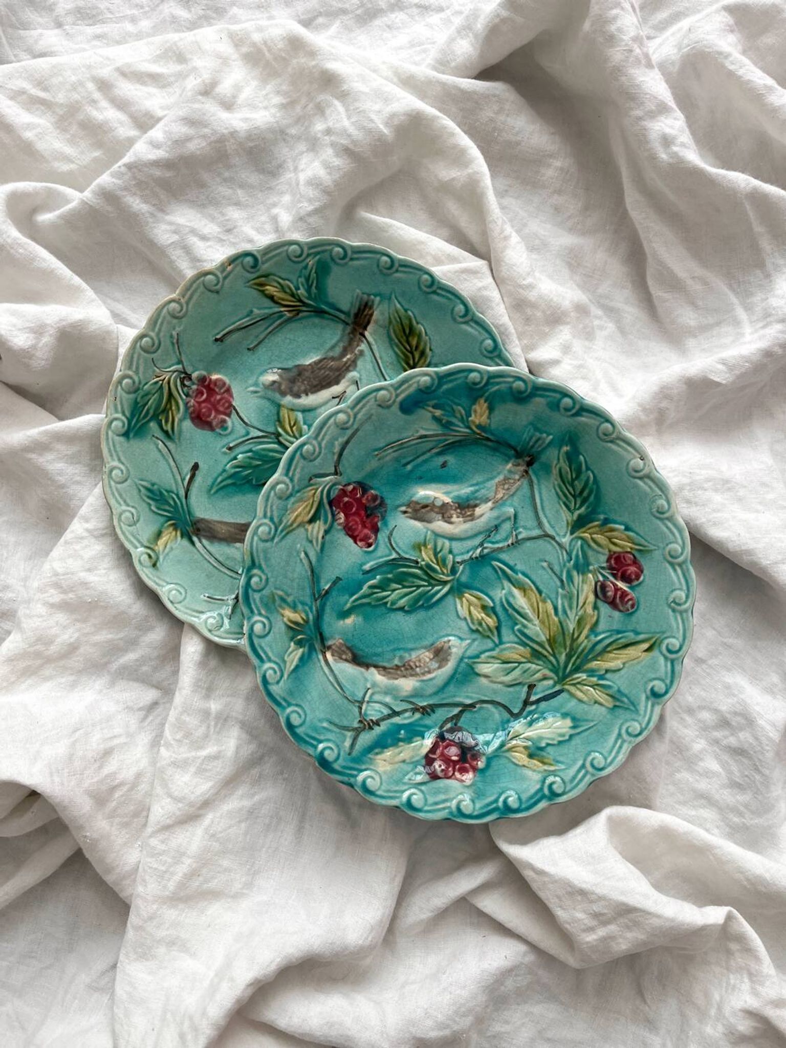 Two Onnaing barbotine bird plates, late 19th century