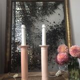 Pair of vintage salmon pink candlestick shaped ceramic lamp bases