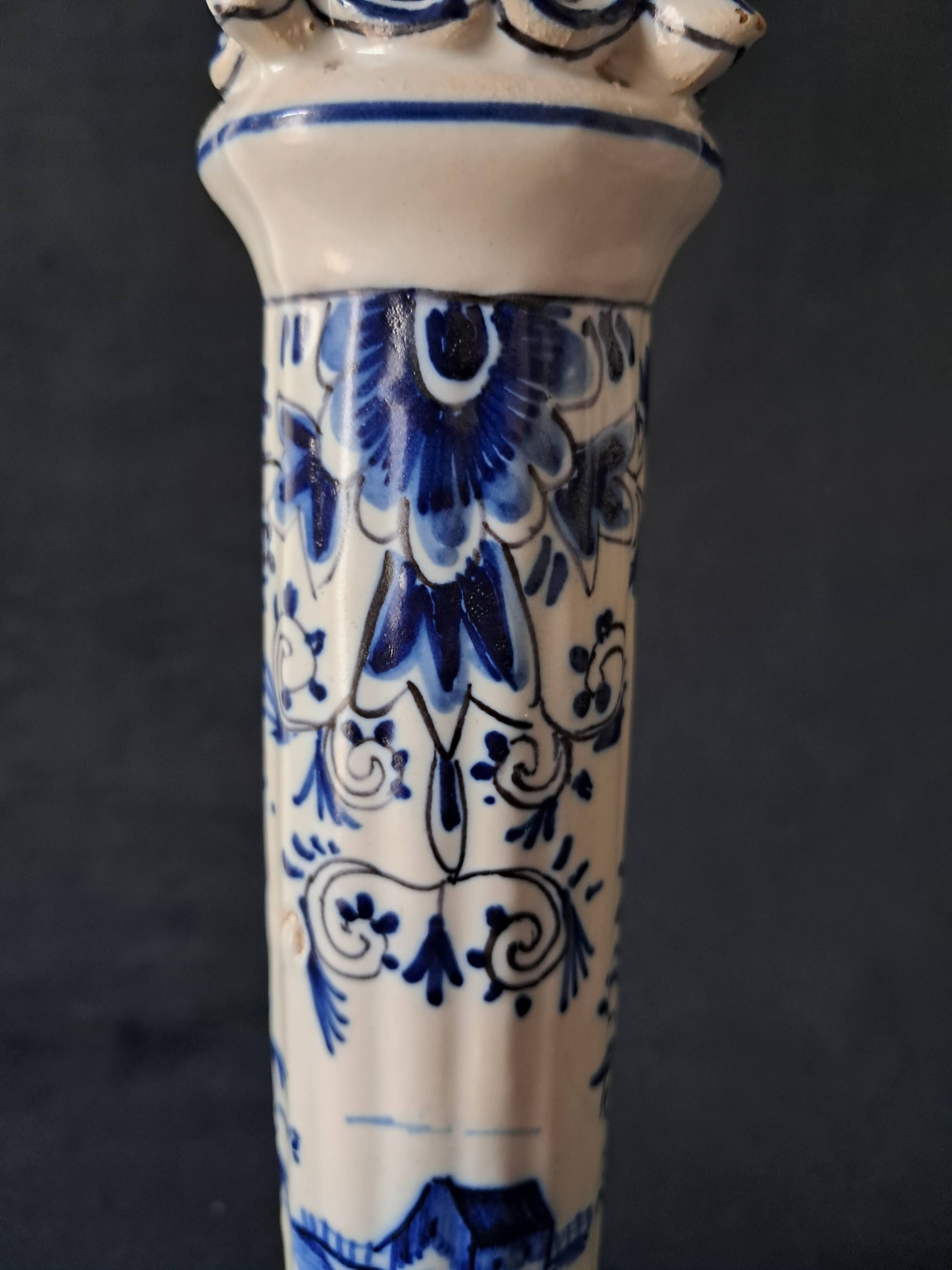 Antique Pair of Column Candlesticks in Blue and White Delftware