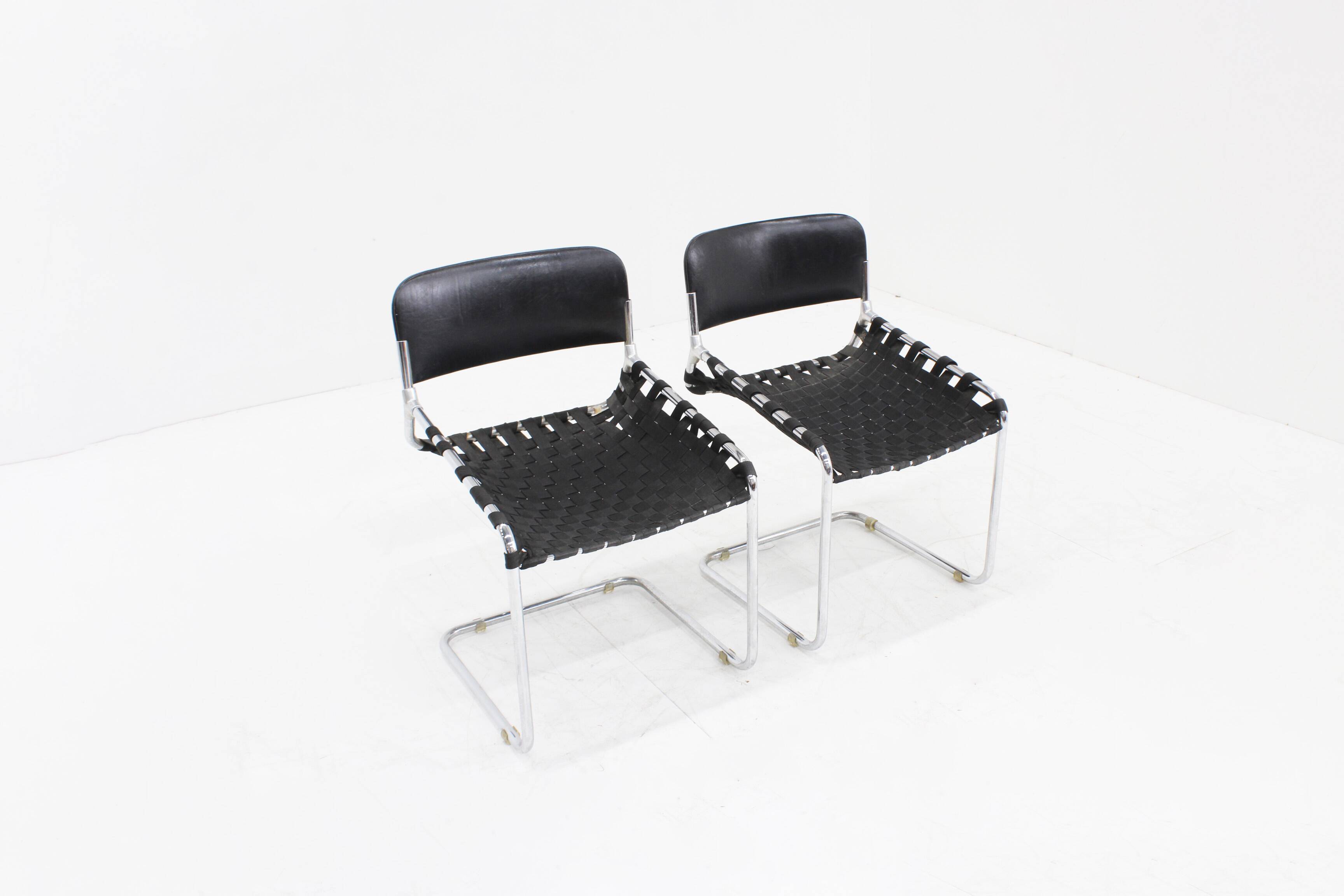 Set Vintage italian chairs black leather and chrome 1970s