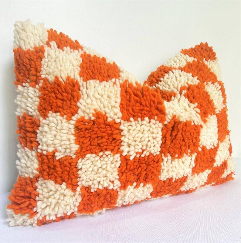 Orange Berber cushion for home decor Checkered pillow cover Moroccan cushion C