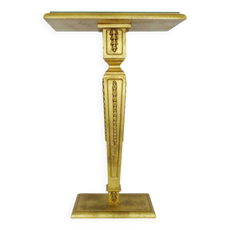 Console, pedestal table, side table in gilded wood with beveled mirror top. Ann
