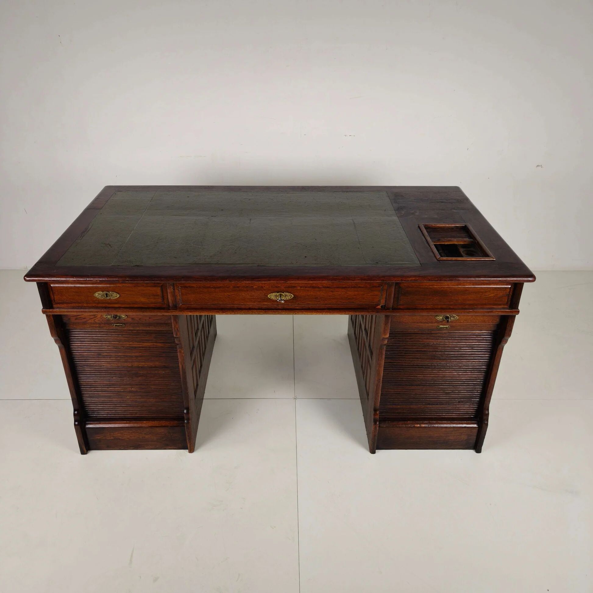 Antique oak writing desk by Stolzenberg – tambour roll top desk – c1880