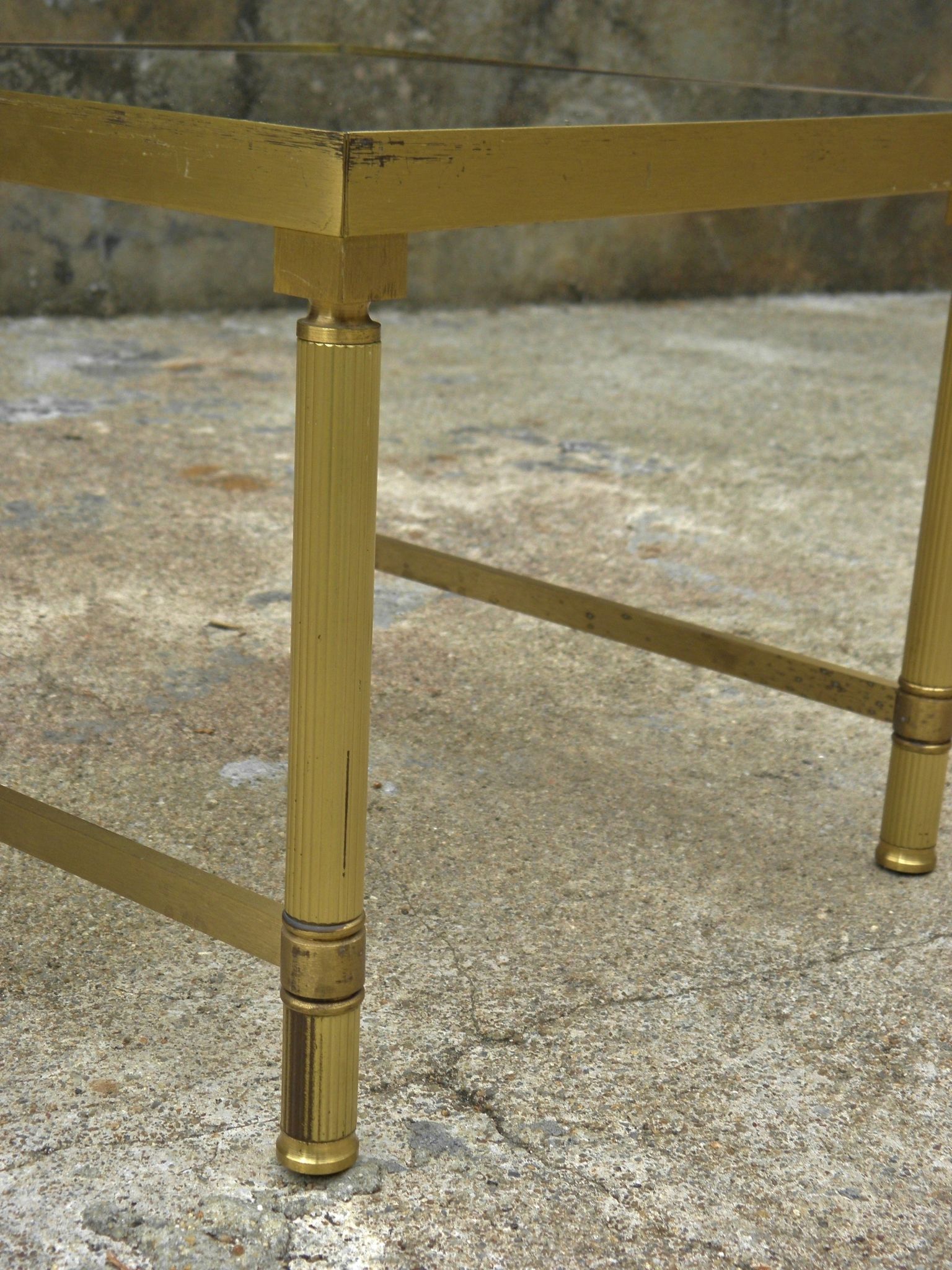 Brass, gold metal and 70s mirror glass tables