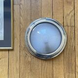 Thick glass ceiling light fixture with a chrome metal support, Holophane type.