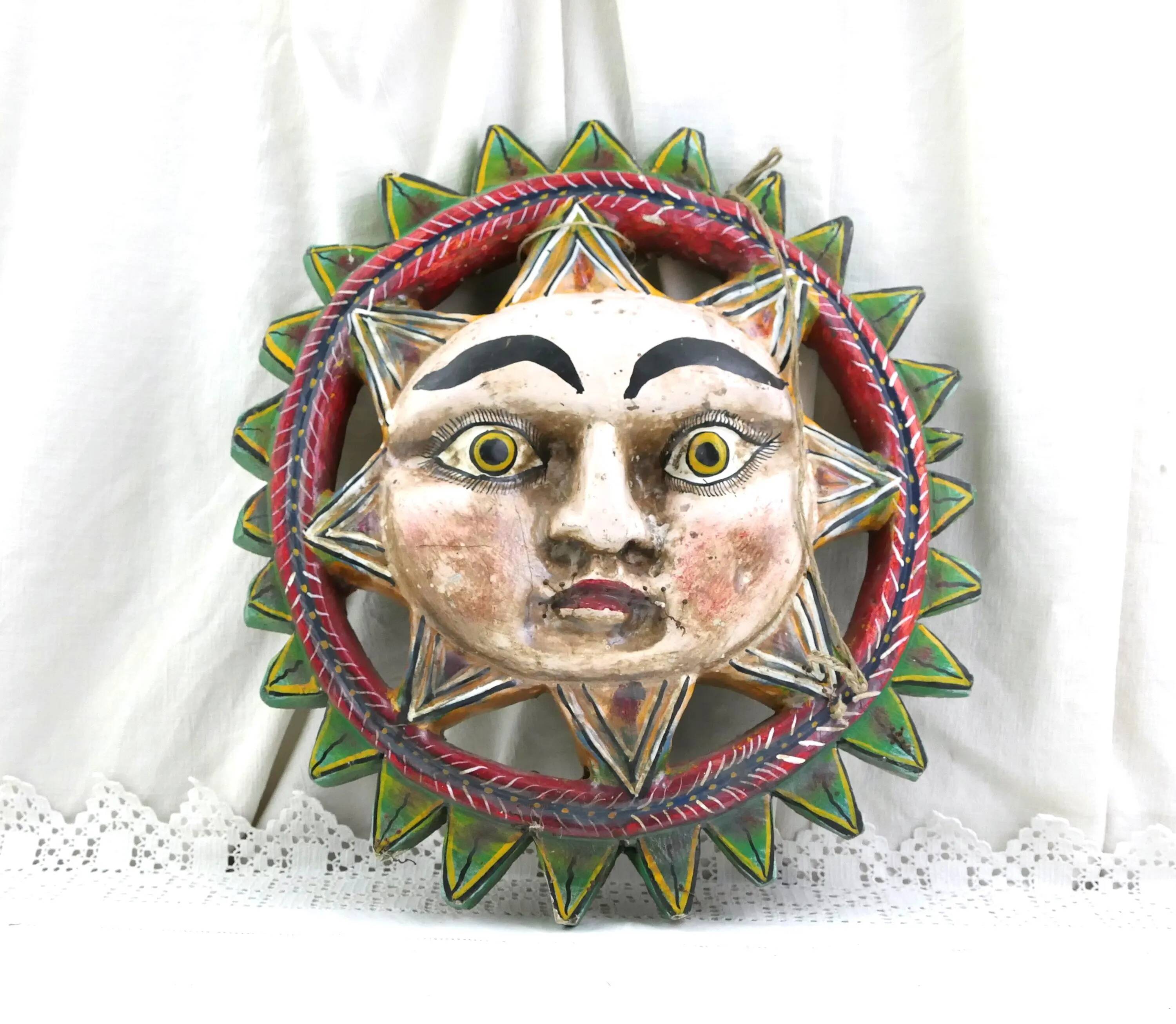Masque de soleil mexicain vintage en bois sculpté à la main avec laque de couleur vive, art mural décoratif traditionnel rétro d'Amérique du Sud