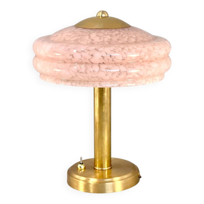 Lampe à poser Art déco champignon, verre de Clichy rose poudré