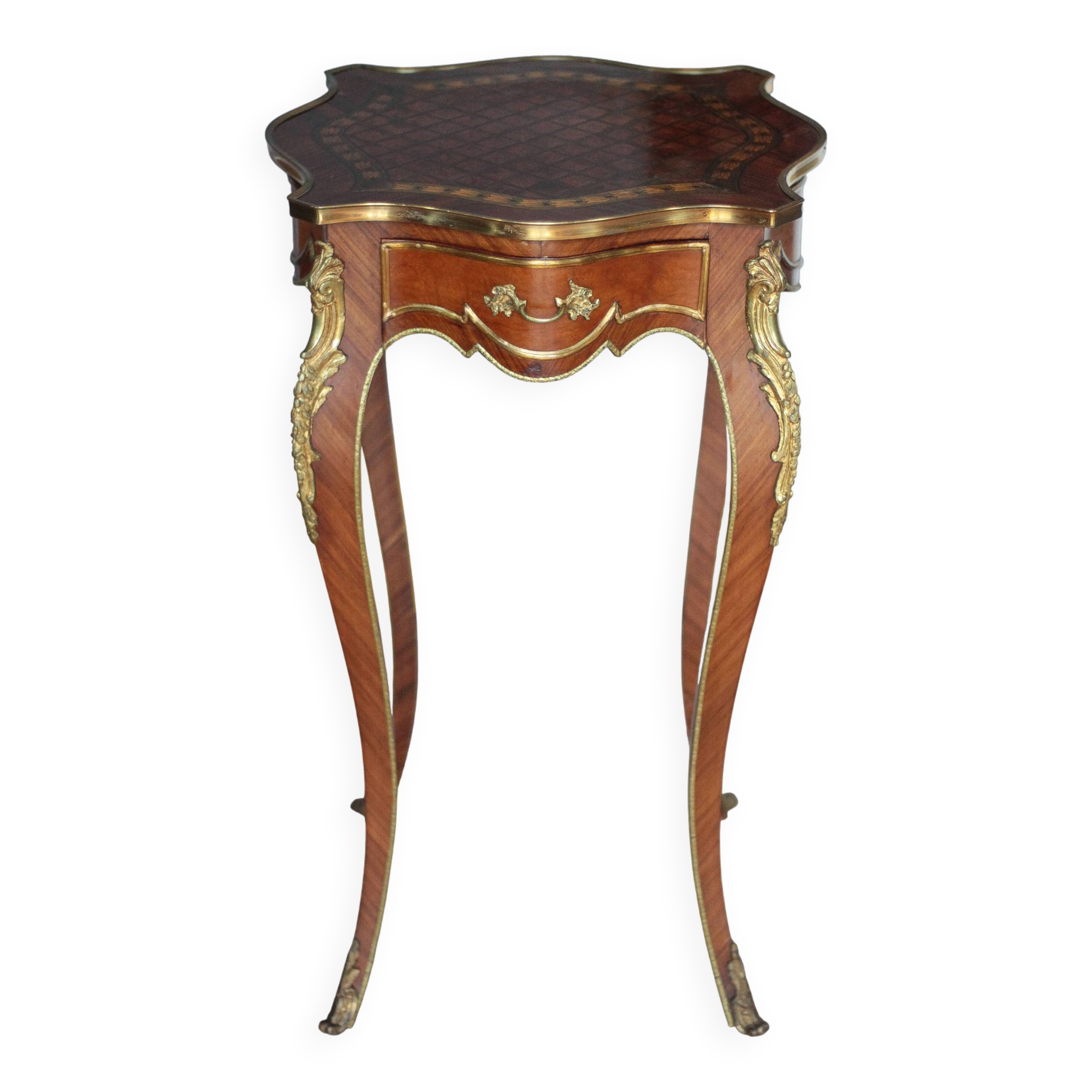 Wooden bedside table with marquetry and bronze, side table with curved legs