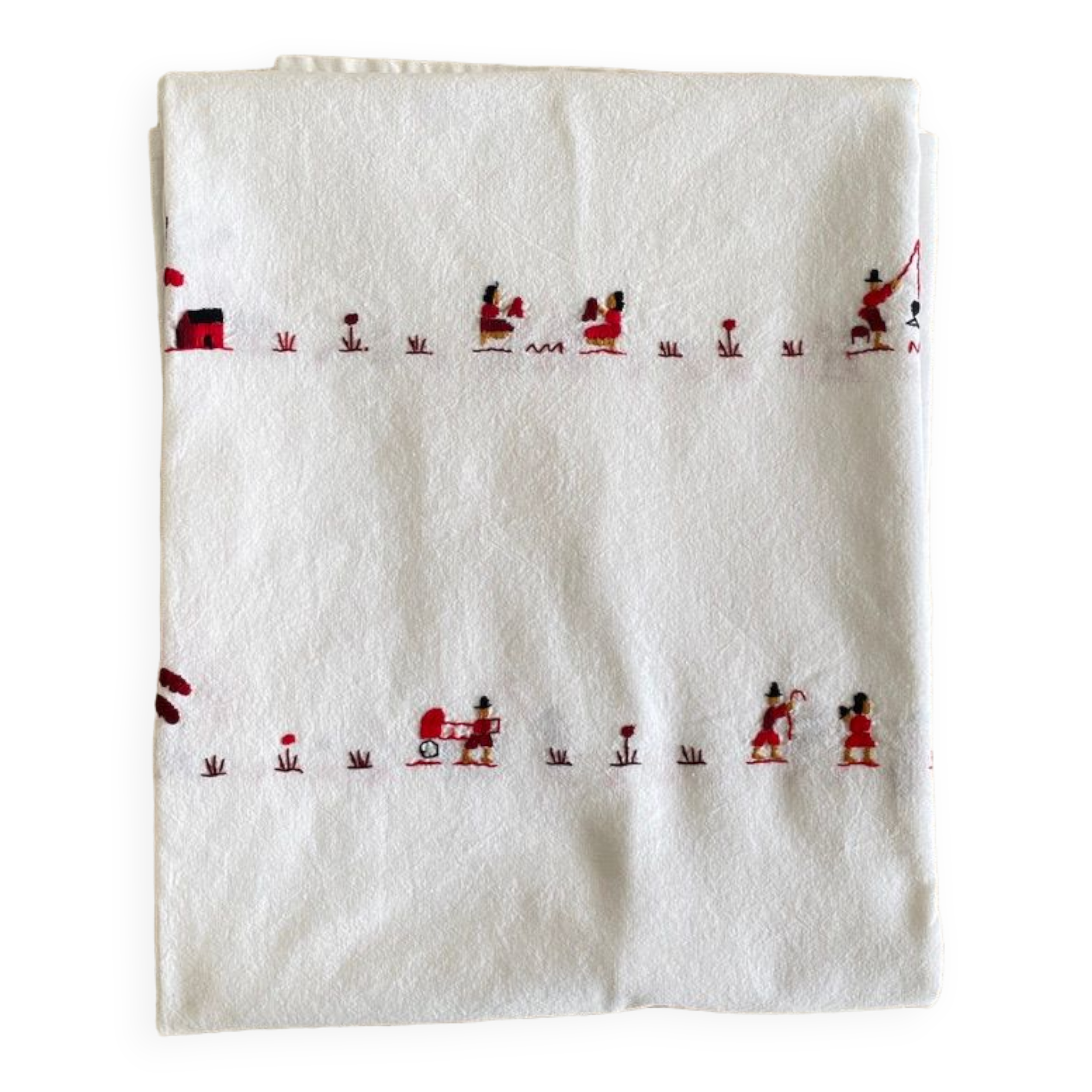 Nappe brodée main de Madagascar  noir, rouge, chocolat -  coton - 234x145 cm