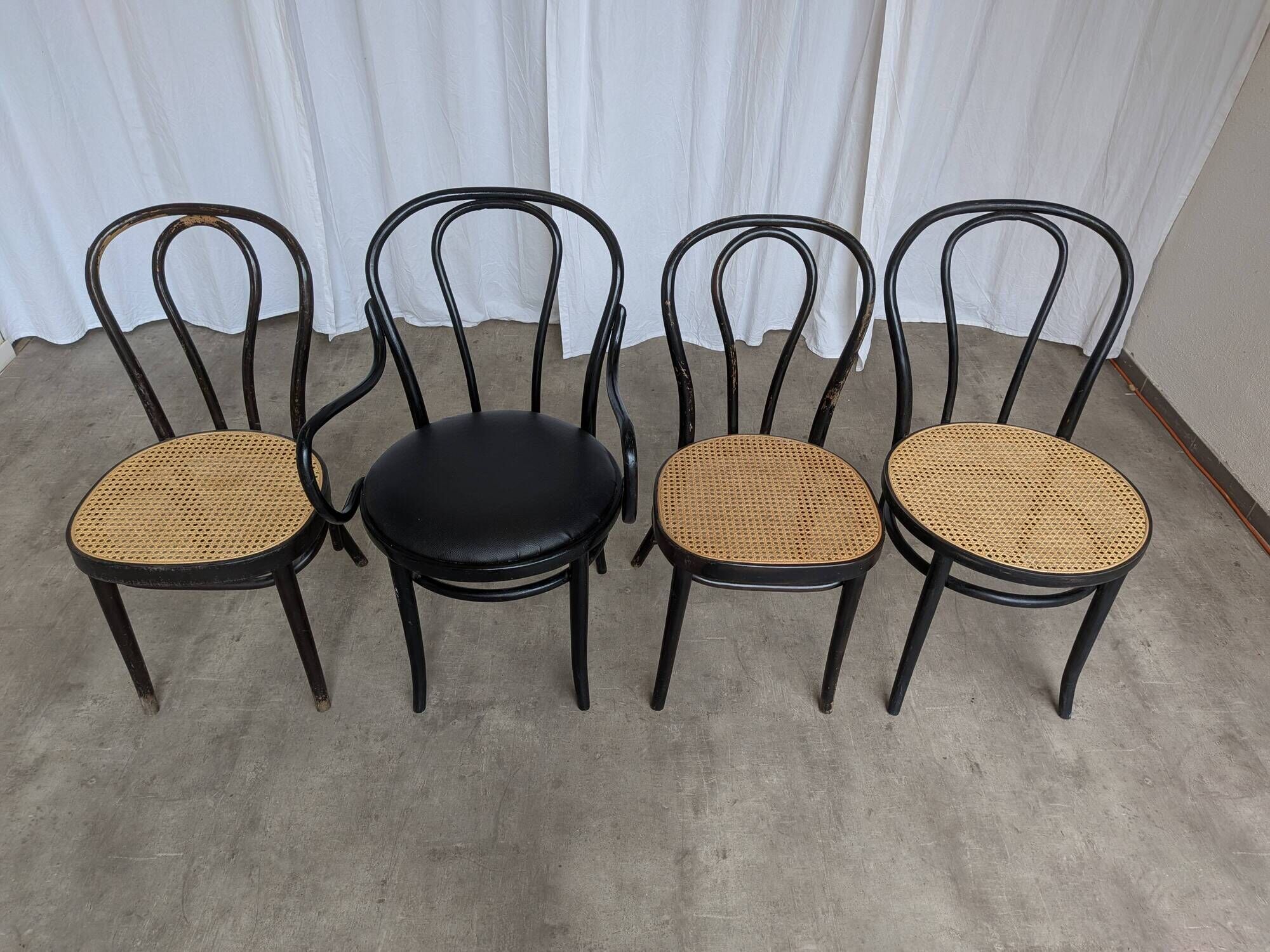 Set of 4 Mix&Match Thonet Style Dining Chairs / Black Bentwood Cane Chairs
