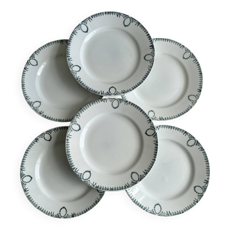 6 earthenware dinner plates, green decor, St Amand Nord iron earth.