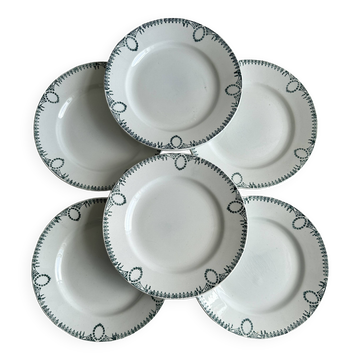 6 assiettes plates en faïence, décor vert, terre de fer St Amand Nord.