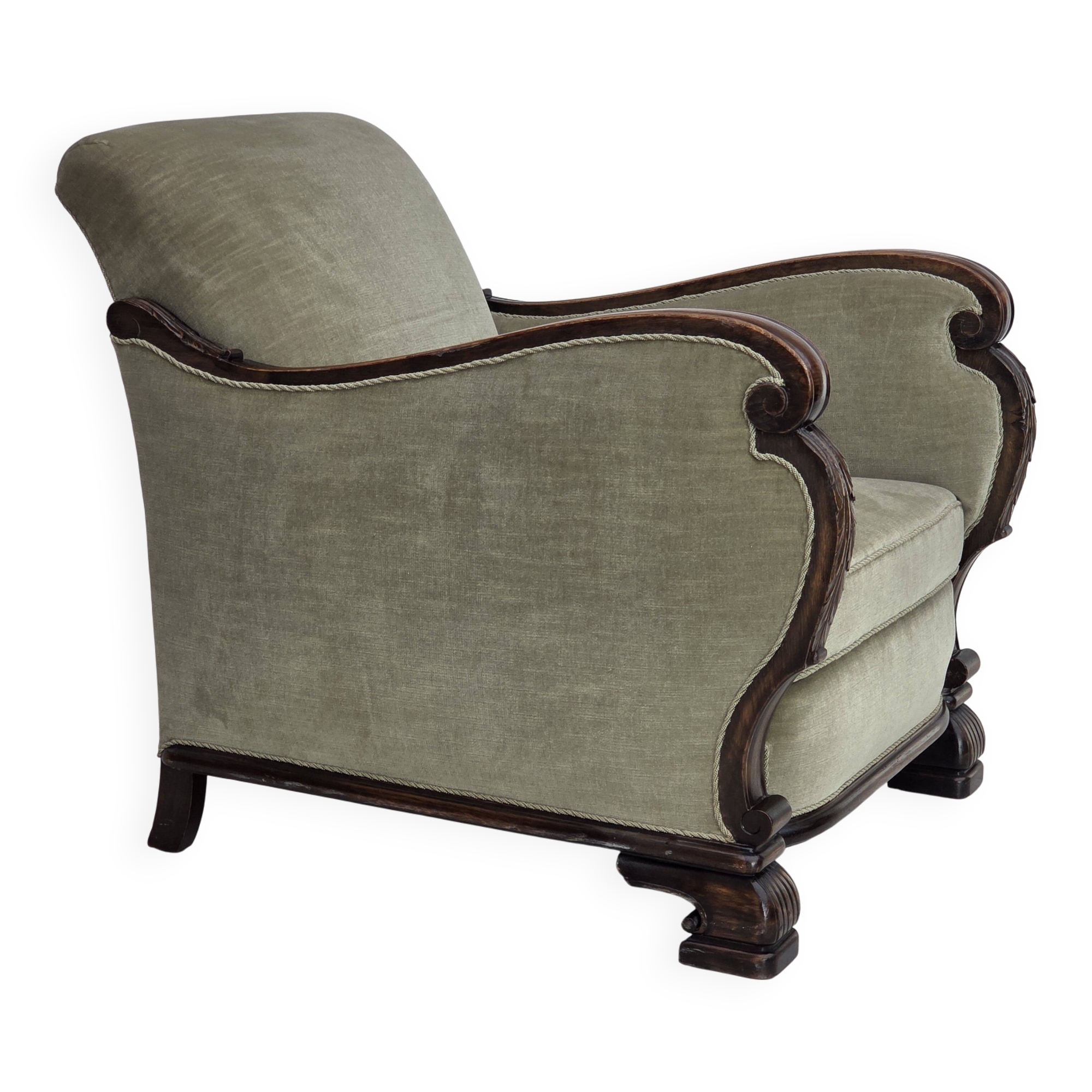 1950s, Danish relax armchair, furniture velour, carved oak wood.