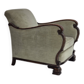1950s, Danish relax armchair, furniture velour, carved oak wood.