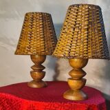 pair of Scandinavian bedside lamps in wicker wood, very good condition, 32x13