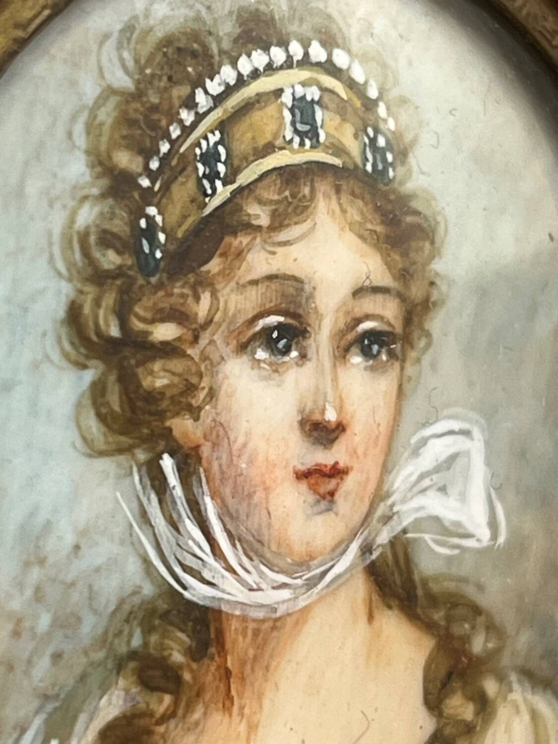 Small antique miniature on organic support – Blackened wooden frame