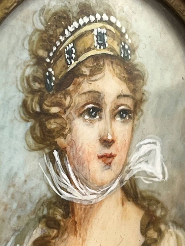 Petite miniature ancienne sur support organique – Cadre bois noirci