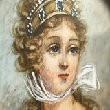 Small antique miniature on organic support – Blackened wooden frame