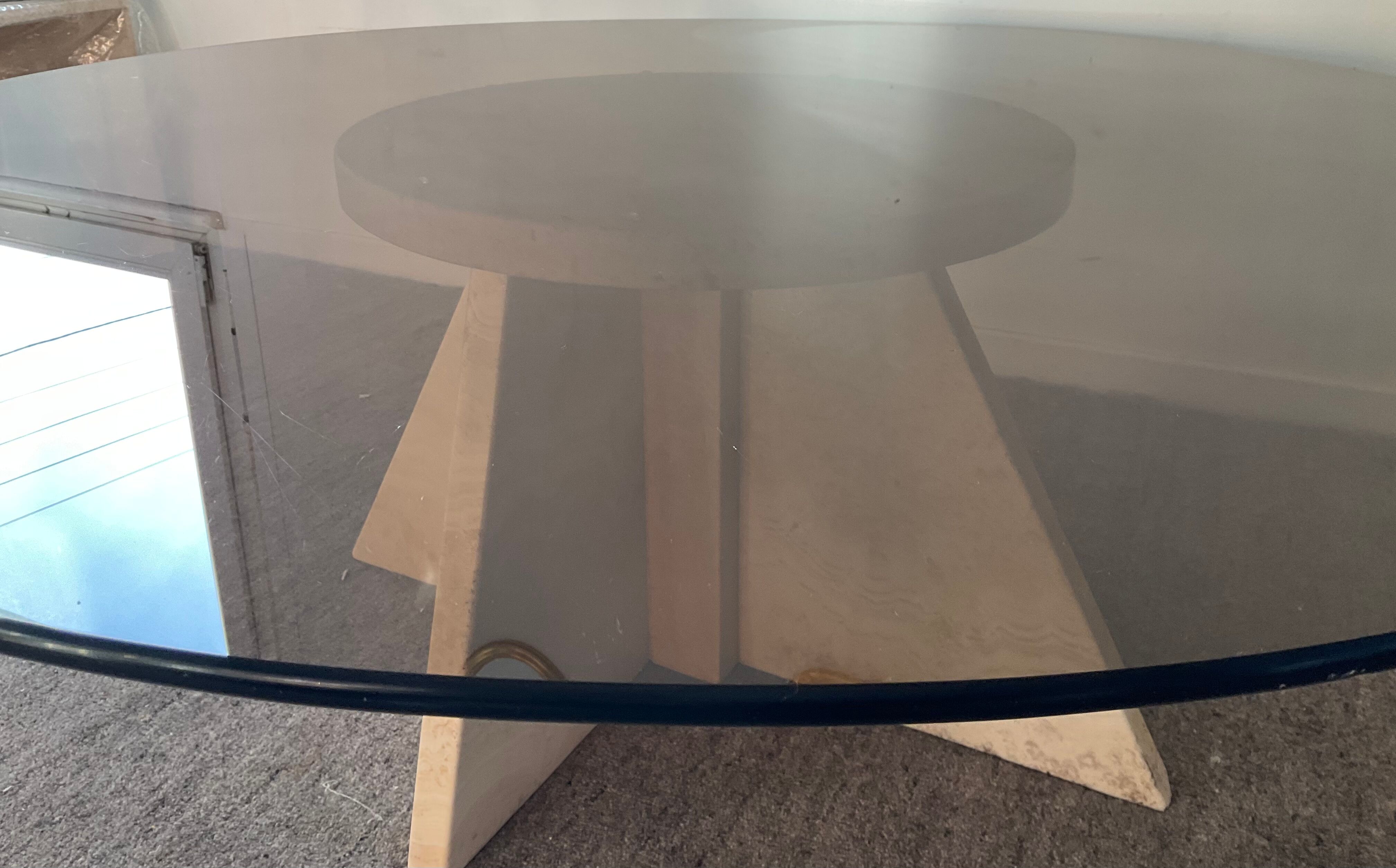 Vintage coffee table in travertine and smoked glass 70s