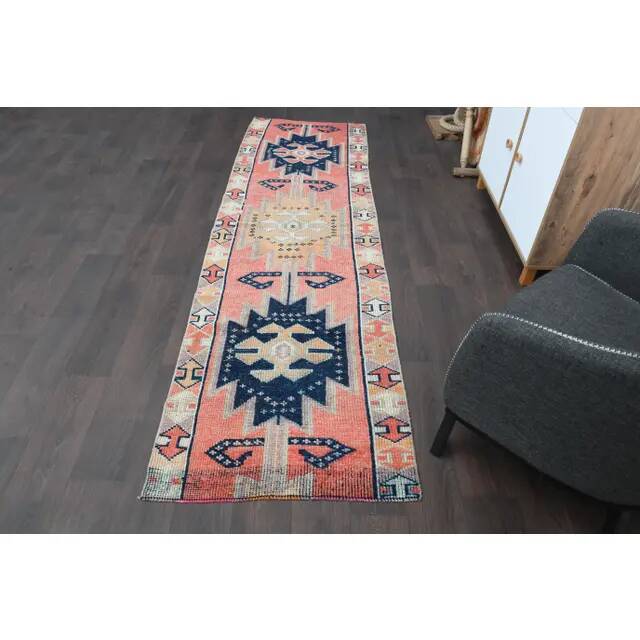 1970s Turkish Oushak Handmade Wool Cotton Pink Runner Rug 82x285