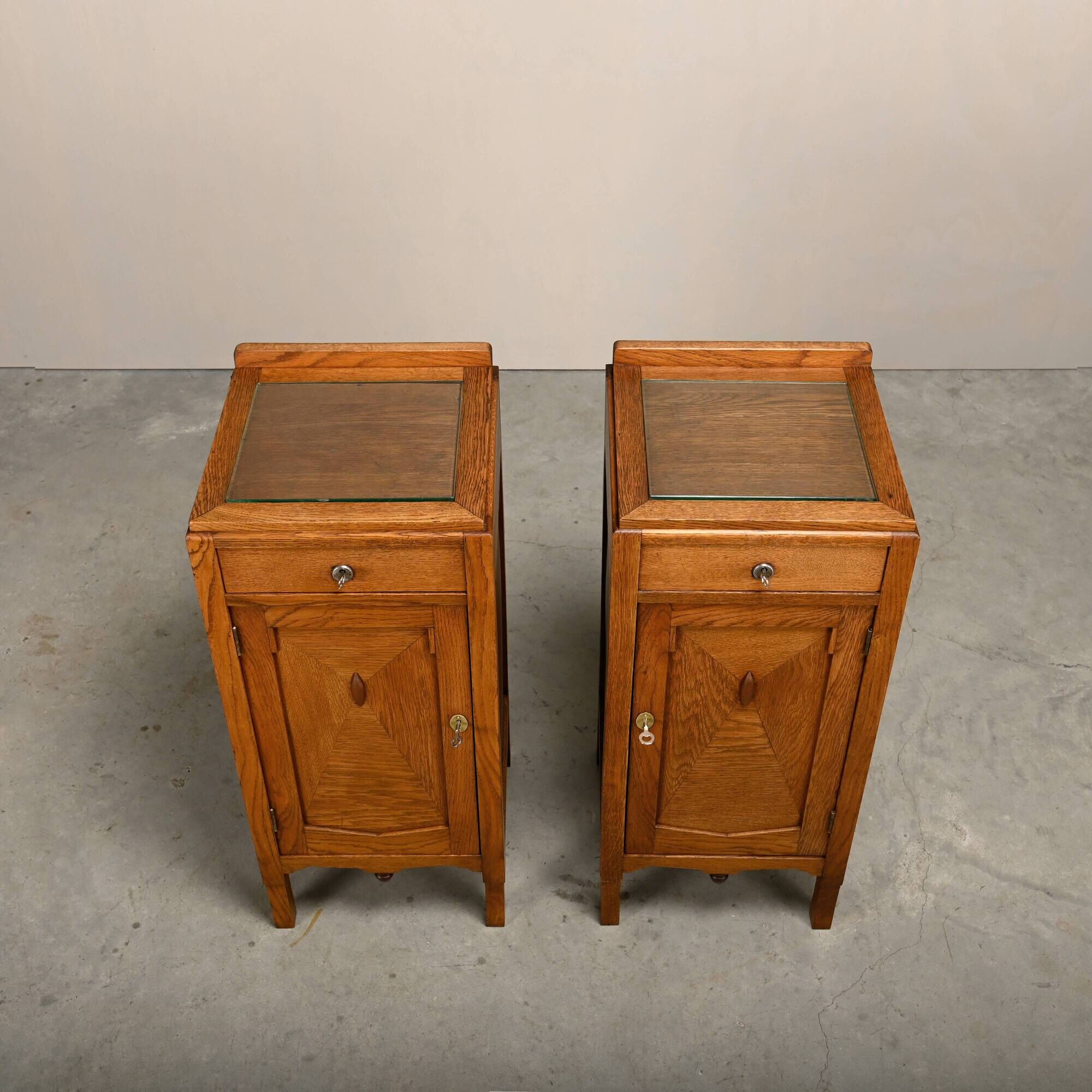 Art Deco Amsterdam School Nightstands oak wood and glass, 1930s Netherlands