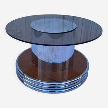 Round coffee table smoked glass chrome and vintage wood an60