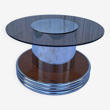 Table basse ronde verre fumé chrome et bois vintage an60