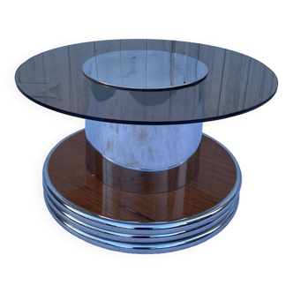 Round coffee table smoked glass chrome and vintage wood an60