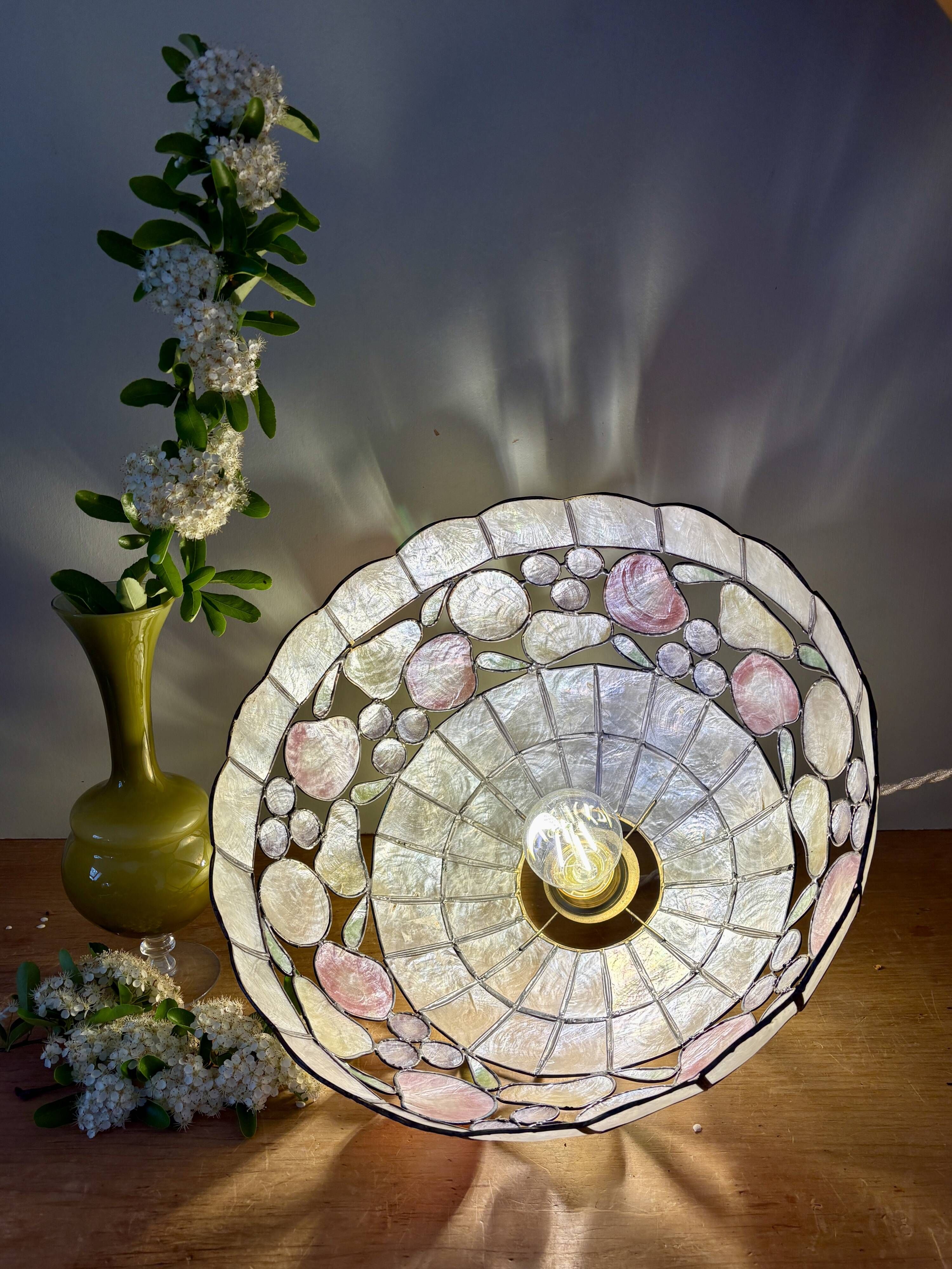 Vintage mother-of-pearl and brass pendant lampshade with fruit decorations