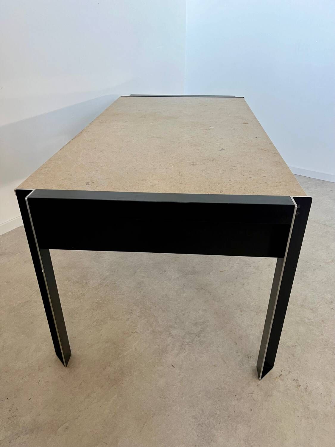 Italian design postmodern desk in metal and vintage 80s travertine top