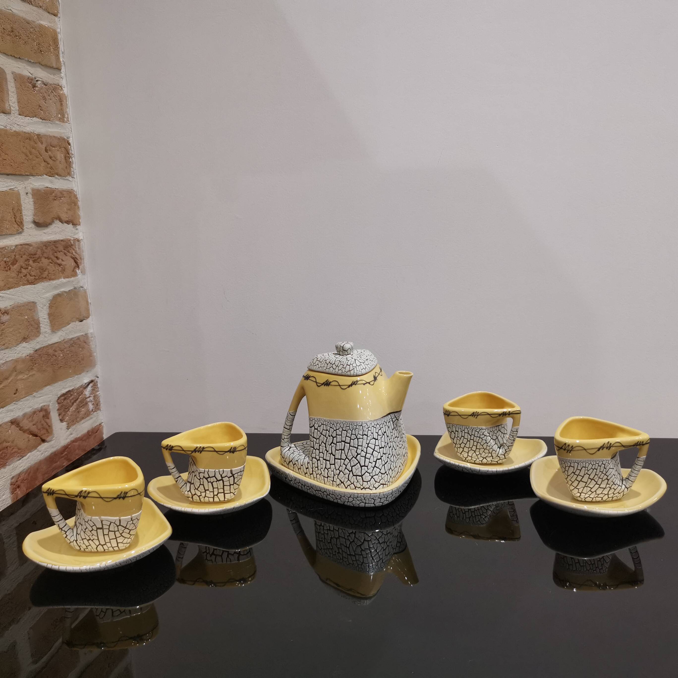 Cracked yellow Bat Trang tea set made in Vietnam