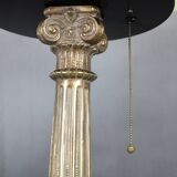 1940s restored brass table lamp with wooden base and glass shade