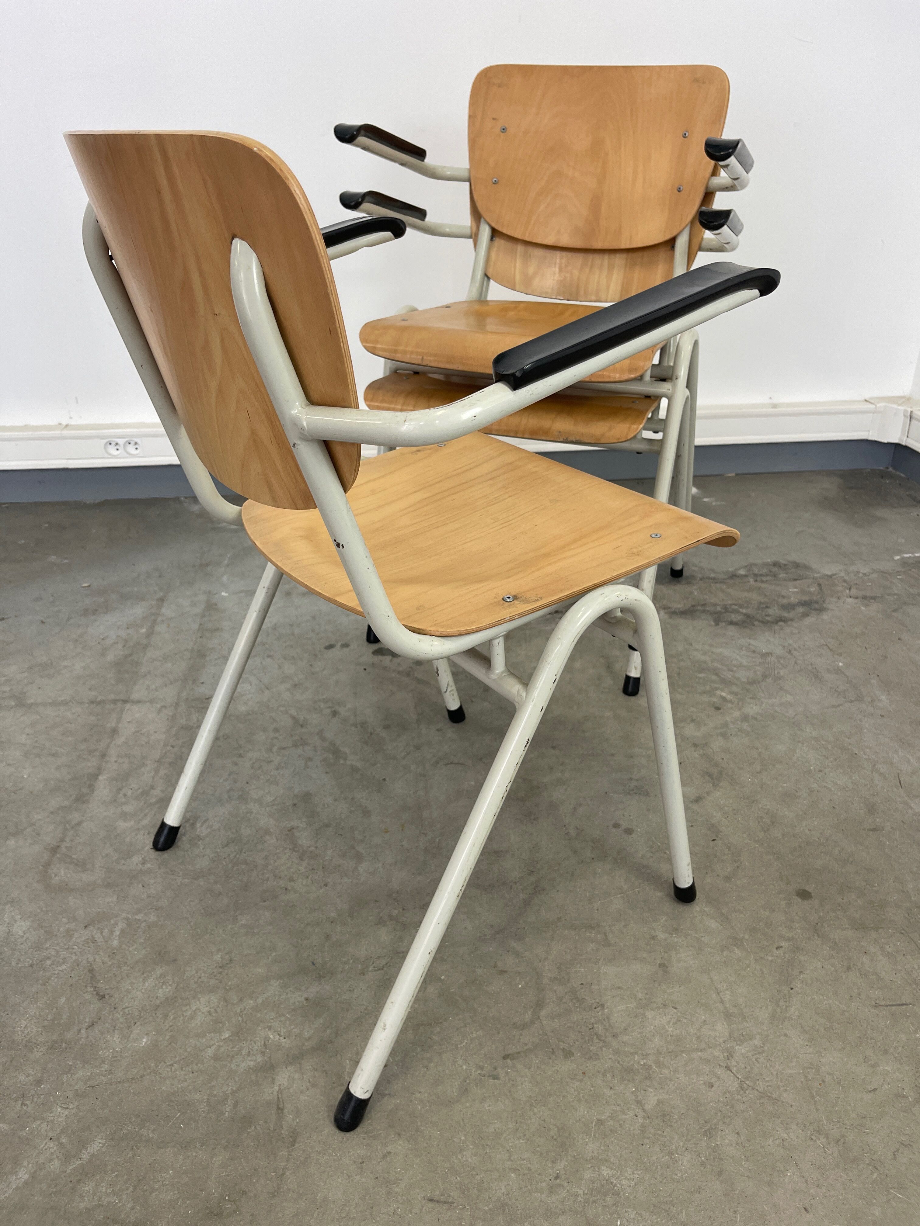 Set of 3 school armchairs light wood white steel 1980s Netherlands