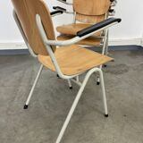 Set of 3 school armchairs light wood white steel 1980s Netherlands