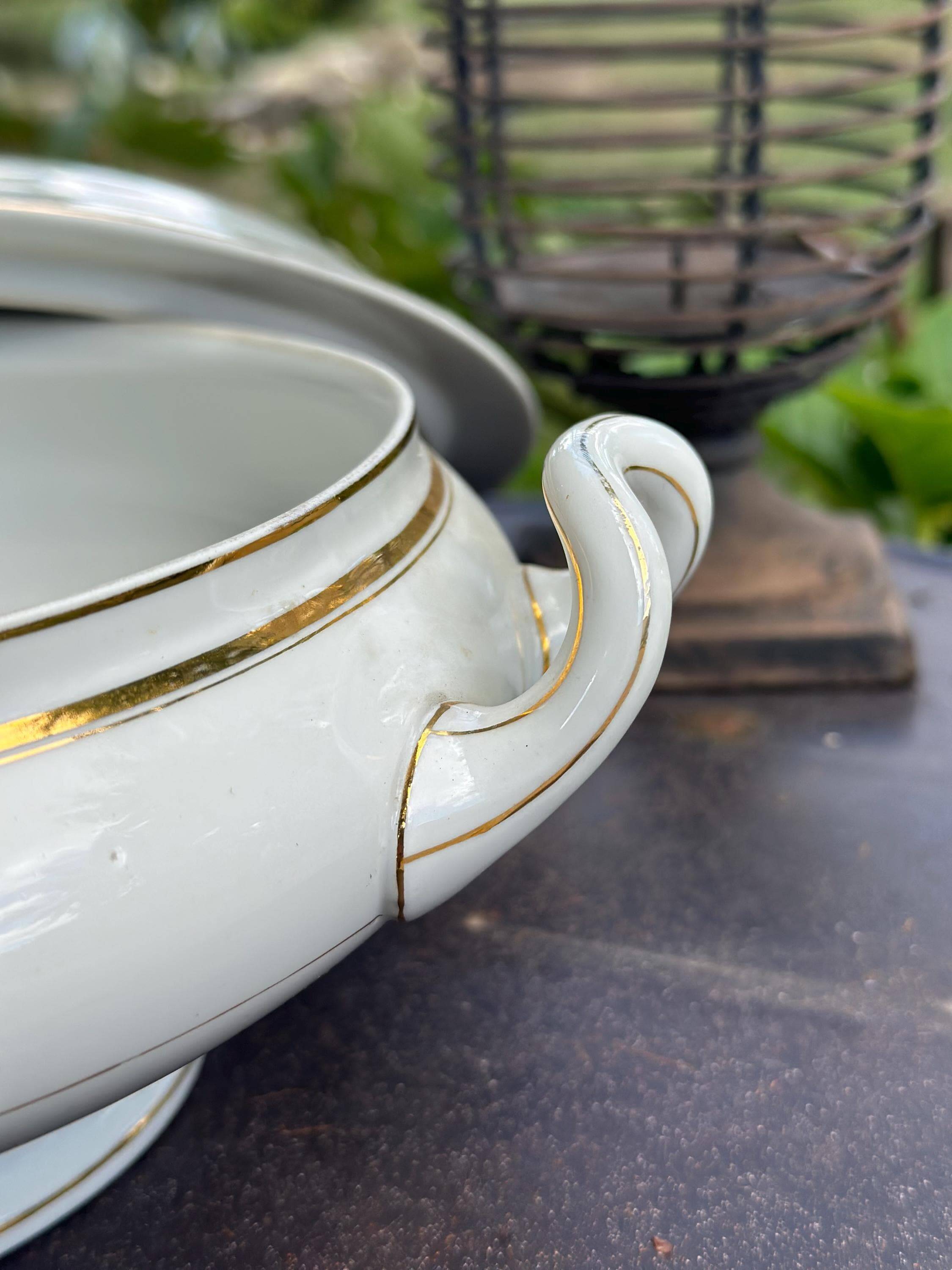 Antique white porcelain soup tureen with gilding B.H.V. Paris