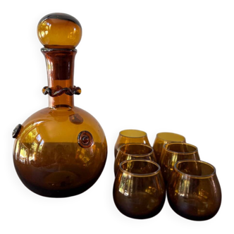 Ensemble à digestif en verre ambre vintage années 60-70
