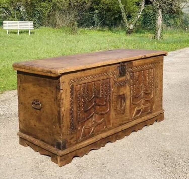 wedding chest in solid fruit wood carved with 2 Menorahs and Hebrew symbol from the 18th century or even before.