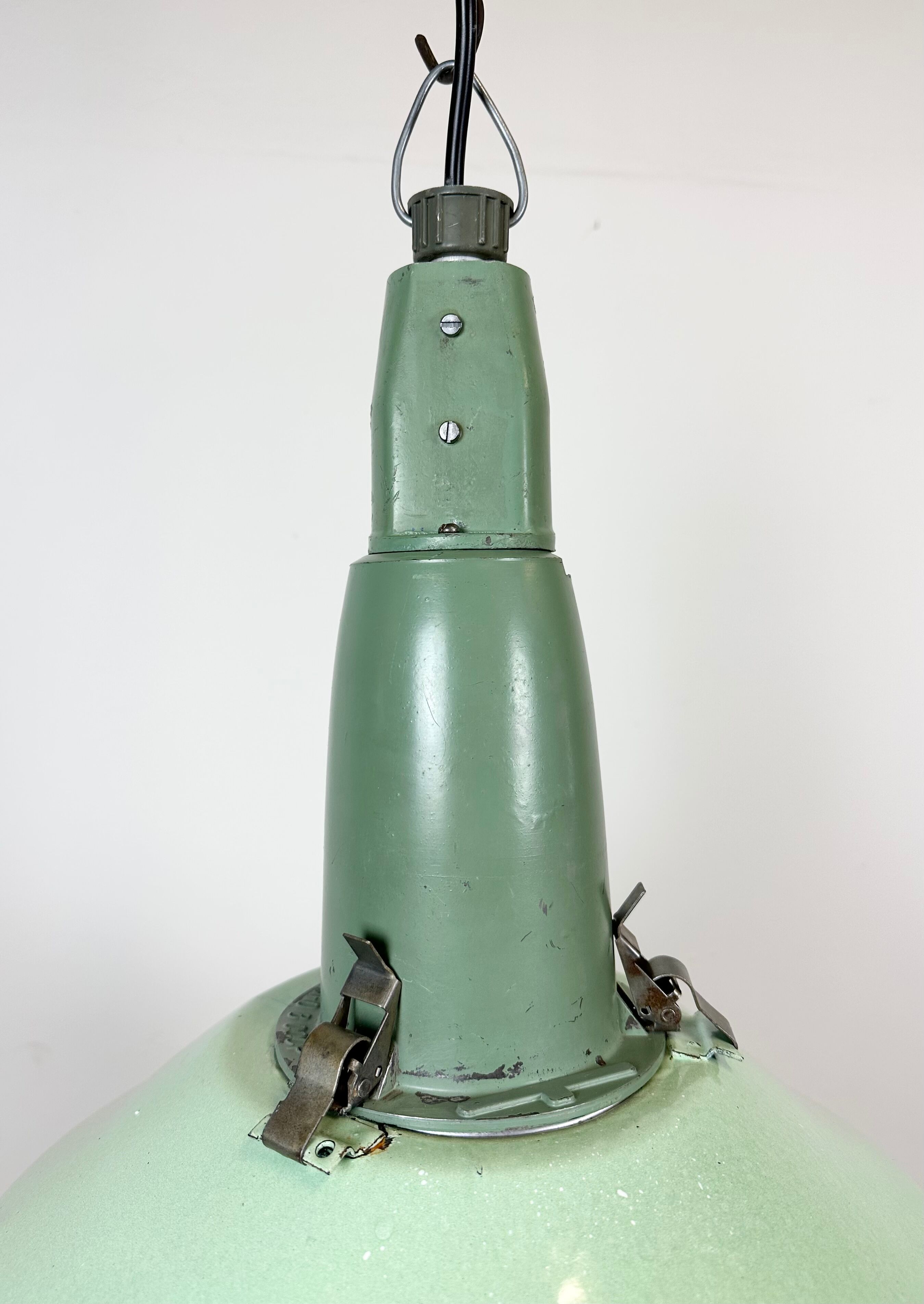 Industrial soviet green enamel pendant light with glass cover, 1960s