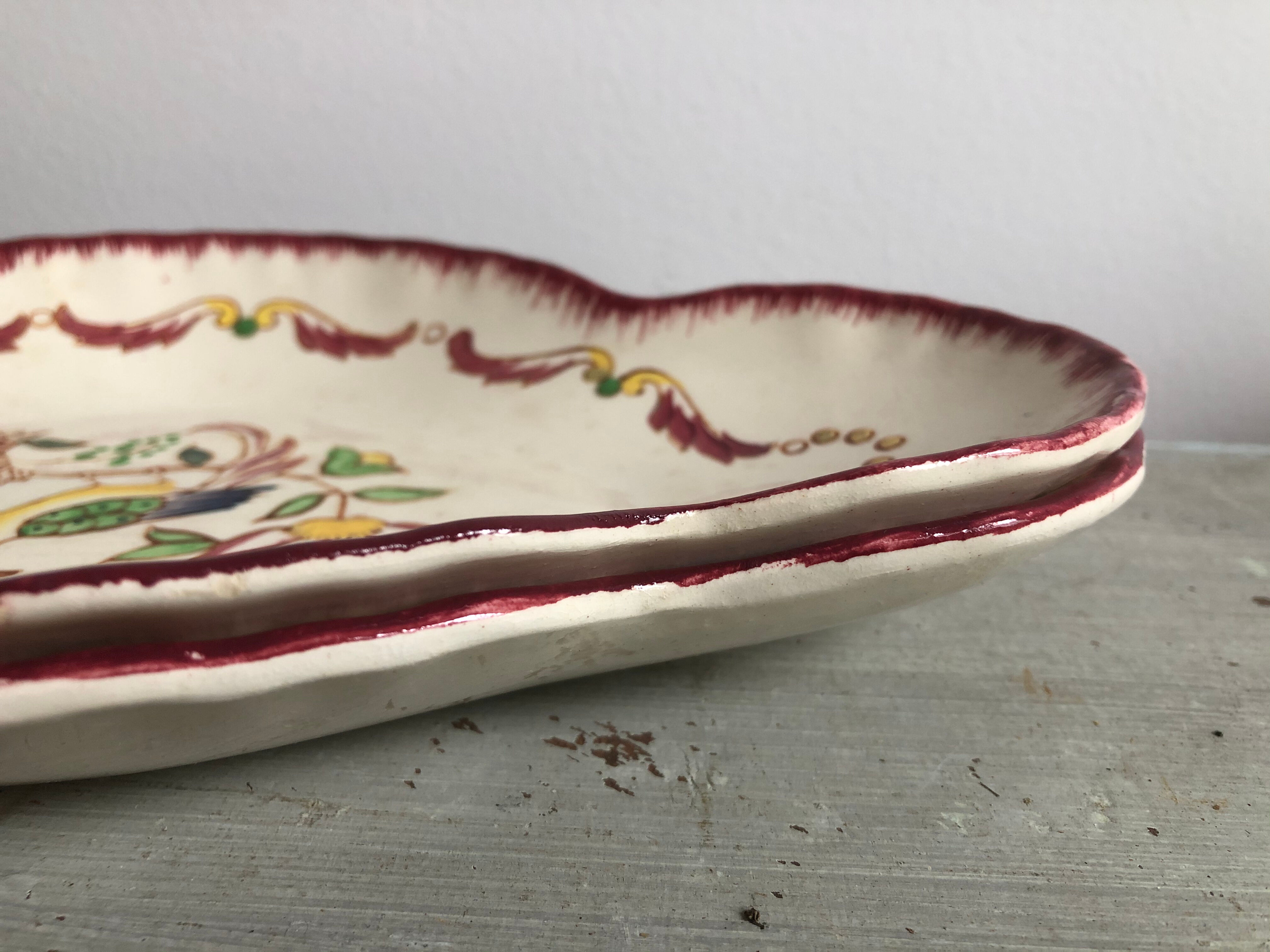 Pair of hand-decorated old Fleury Longwy France wood ravines