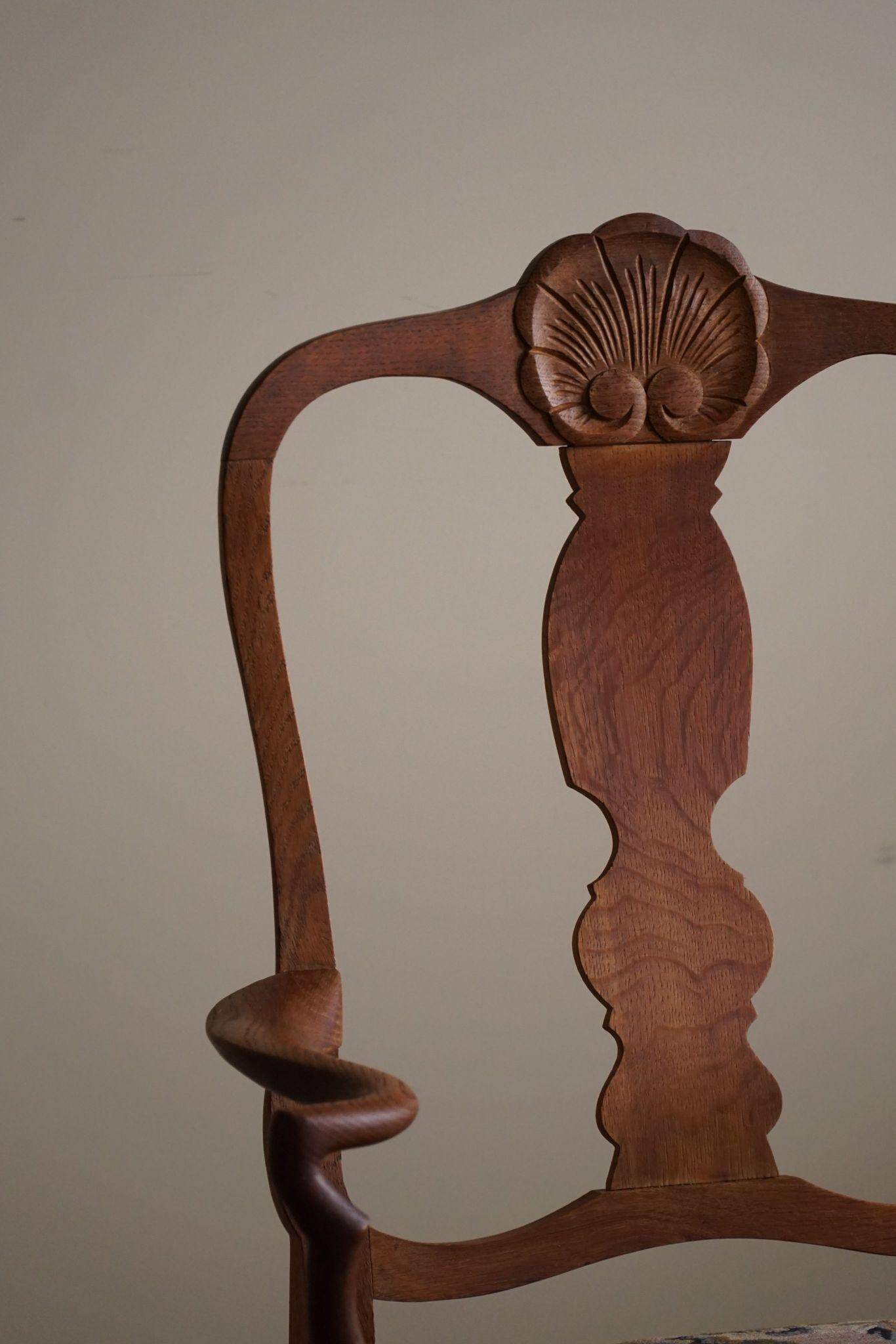 Classic Baroque style armchair in oak, made by a Danish cabinetmaker, 1930s.