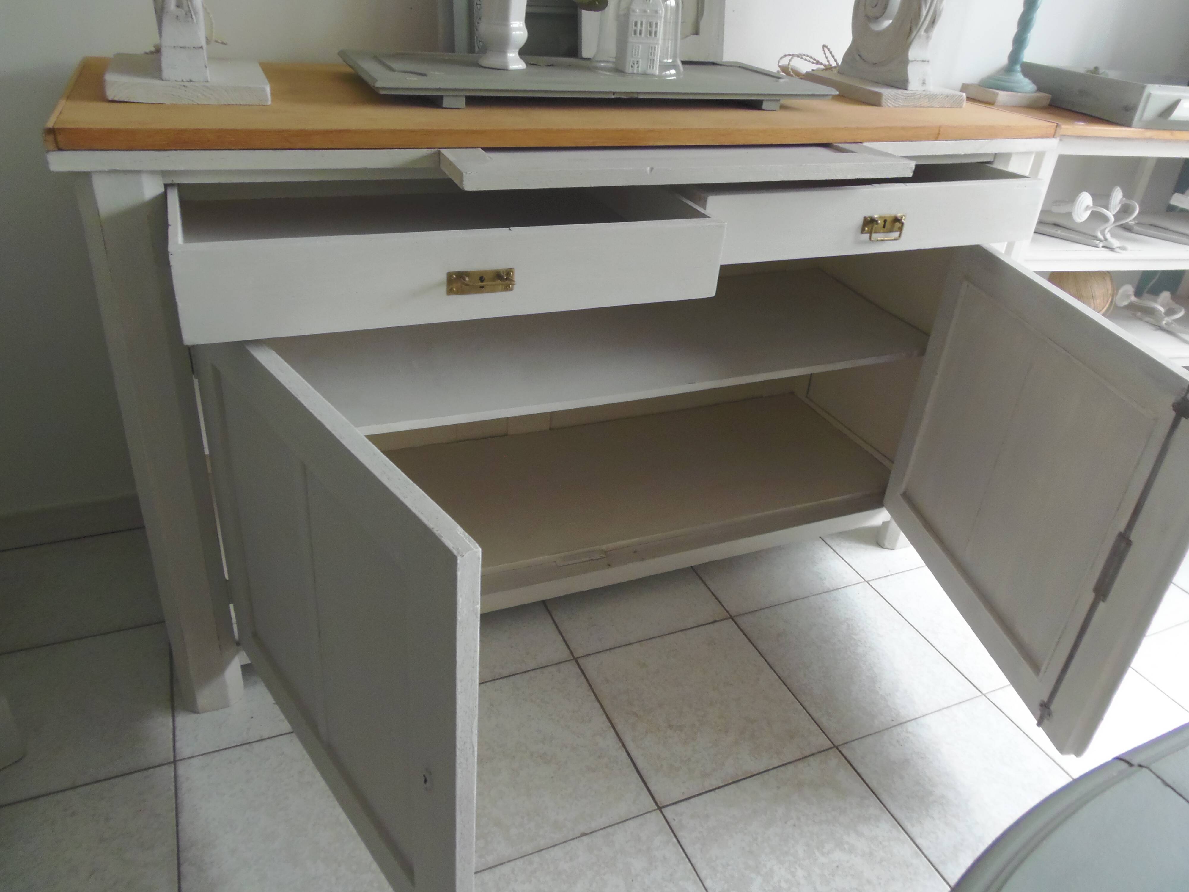 Vintage sideboard, 2 drawers, 1 shelf, 2 pearl gray patinated doors, wooden top.