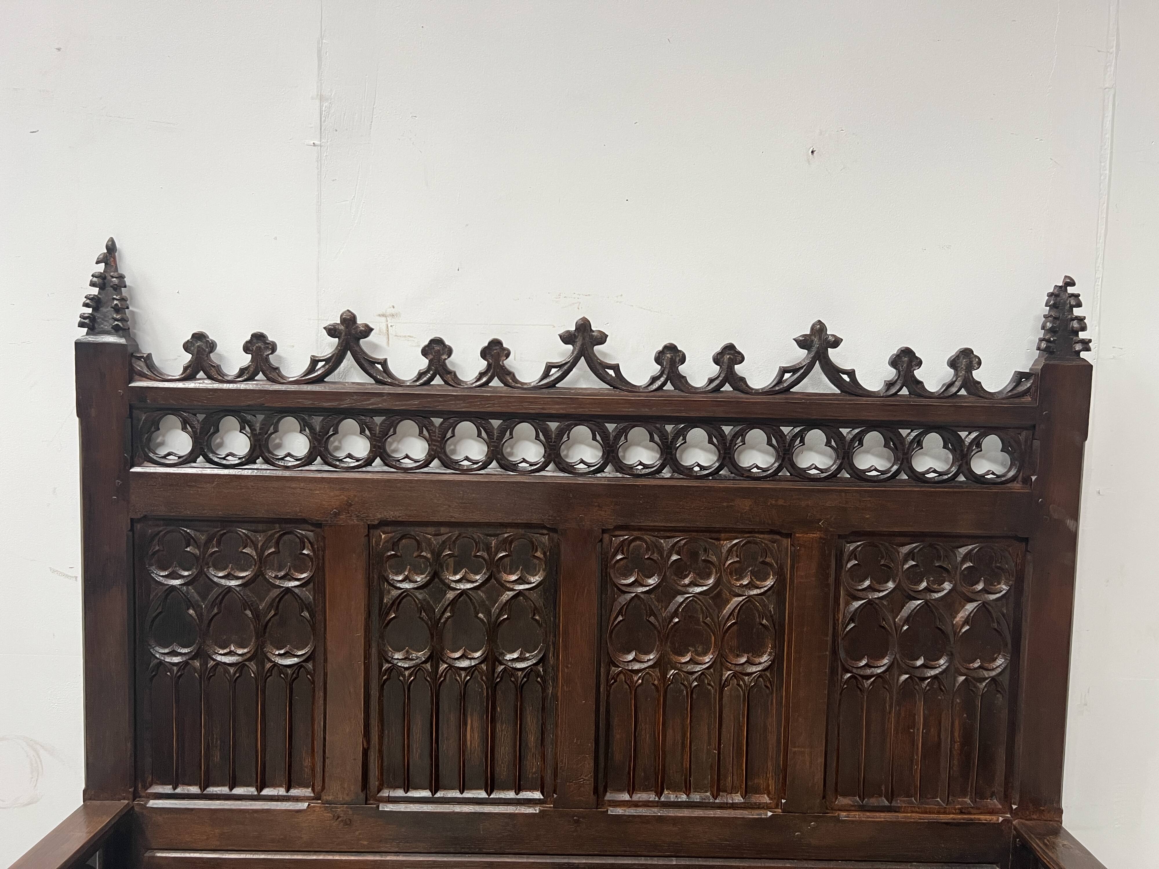 Gothic style carved oak chest bench, 19th century