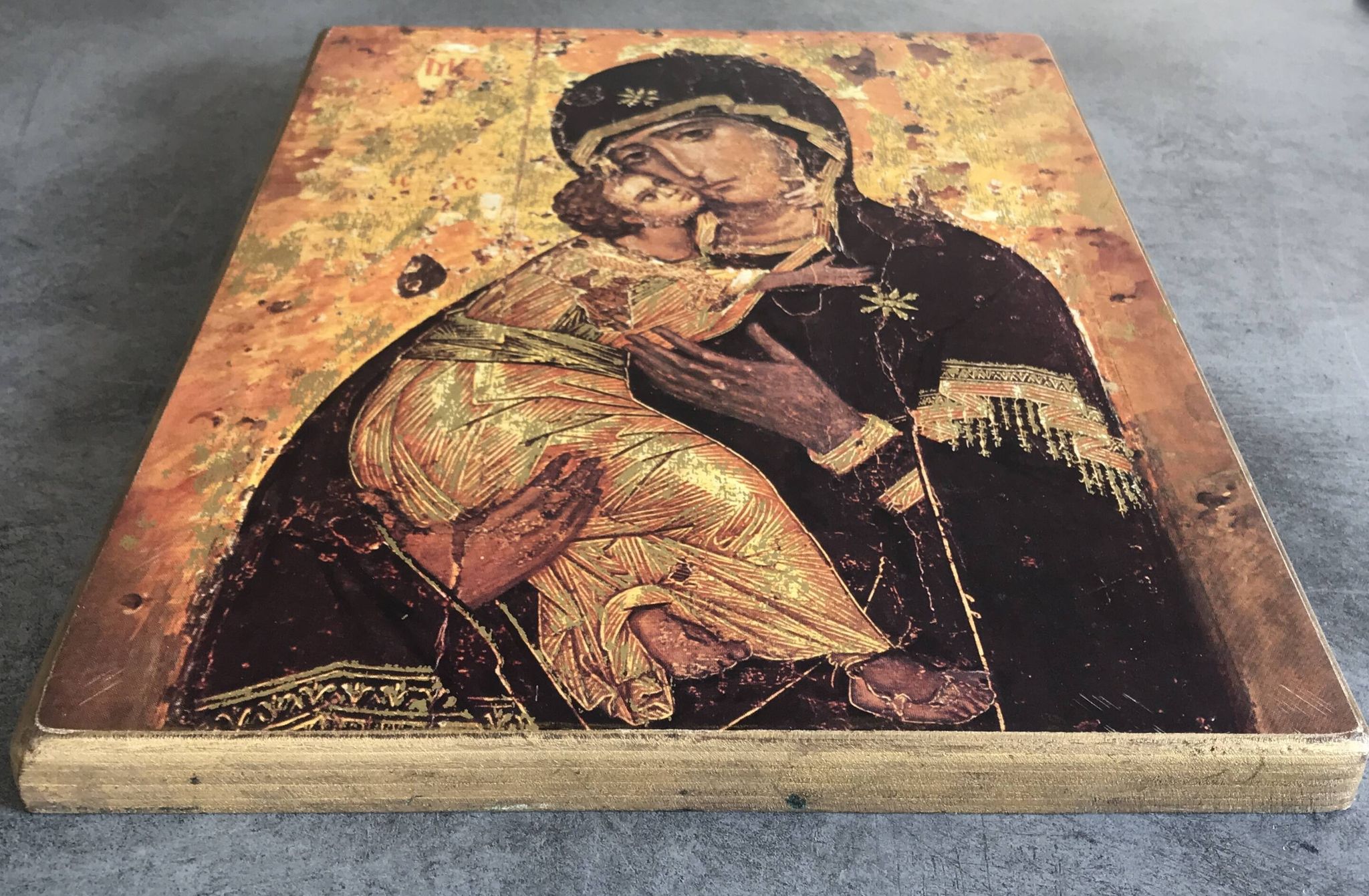 Religious ICON of the Virgin Vladimir Holy Theotokos on wooden support